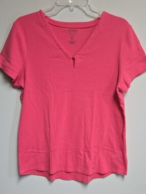 Jones New York Hot Pink Notch V-Neck Short Sleeve Tee Large